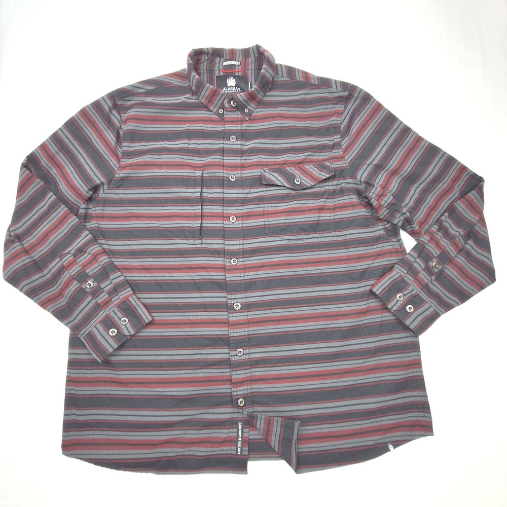 Alaskan Hardgear Shirt Mens XL Gray Red Striped Flannel Untucked Button Down